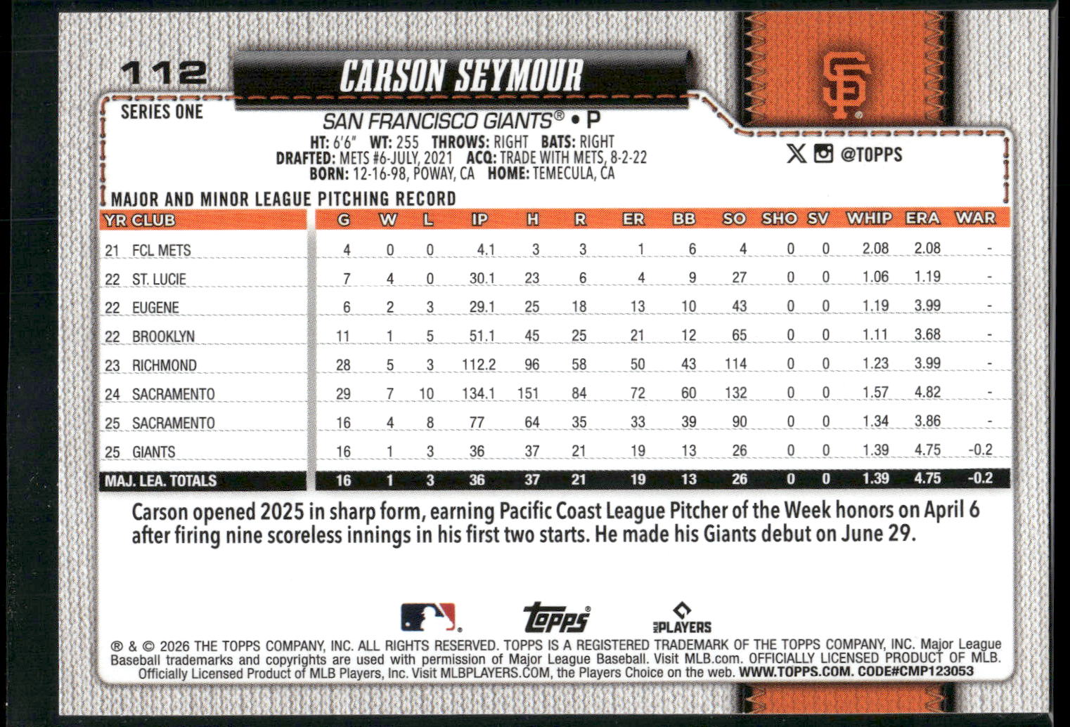 2026 Topps #112 Carson Seymour Spring Training