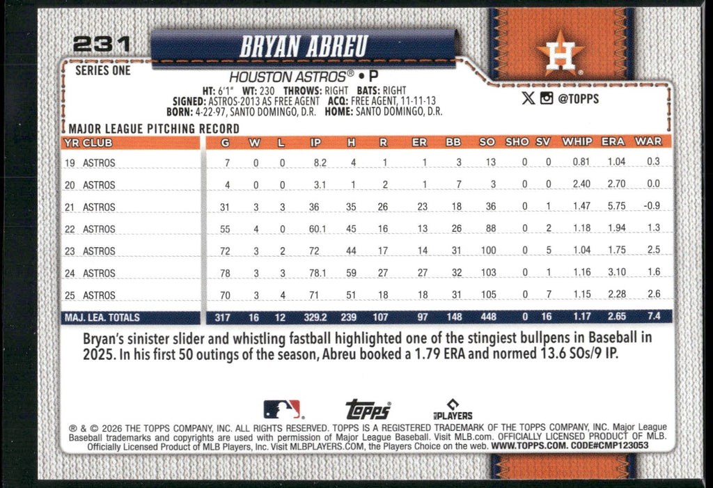 2026 Topps #231 Bryan Abreu Rainbow Foil