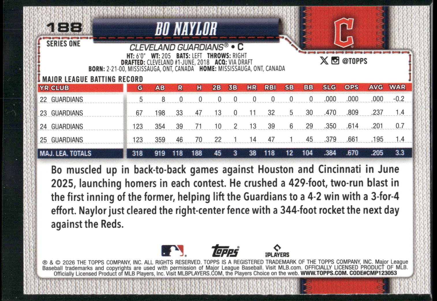2026 Topps #188 Bo Naylor Rainbow Foil