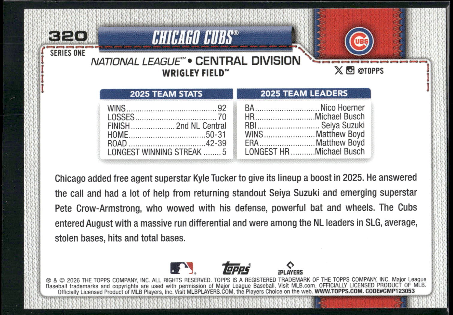 2026 Topps #320 Chicago Cubs Sandglitter
