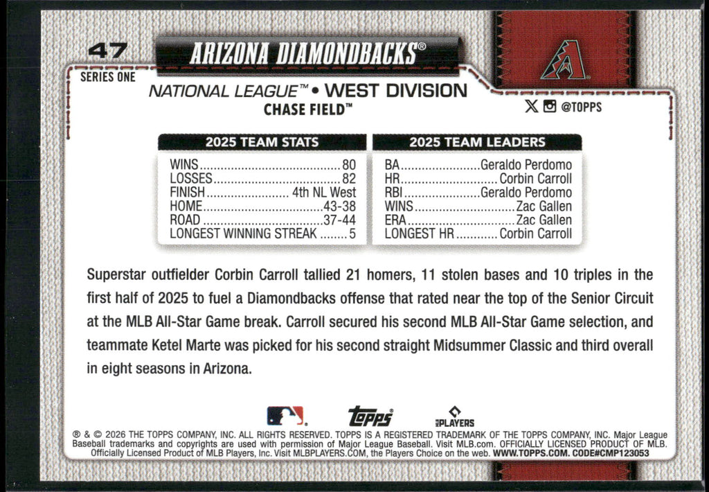 2026 Topps #47 Arizona Diamondbacks Sandglitter