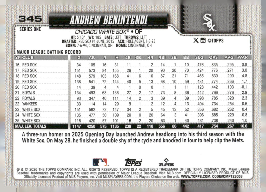 2026 Topps #345 Andrew Benintendi Diamante Foil