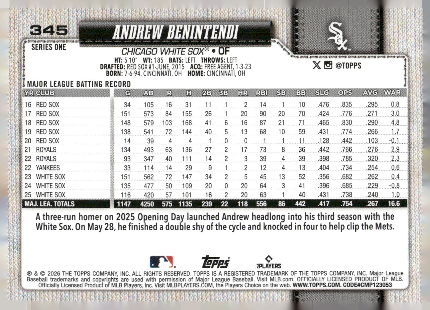 2026 Topps #345 Andrew Benintendi Diamante Foil