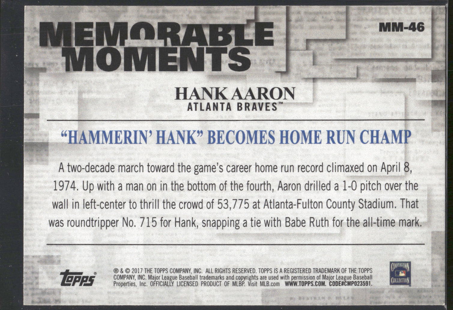 2017 Topps #MM-46 Hank Aaron Memorable Moments