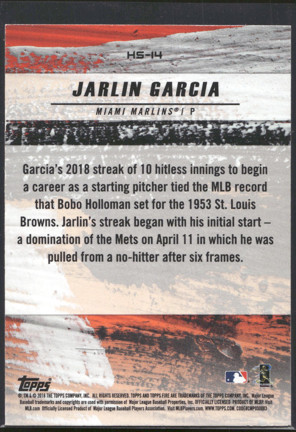 2018 Topps Fire #HS-14 Jarlin Garcia Hot Starts