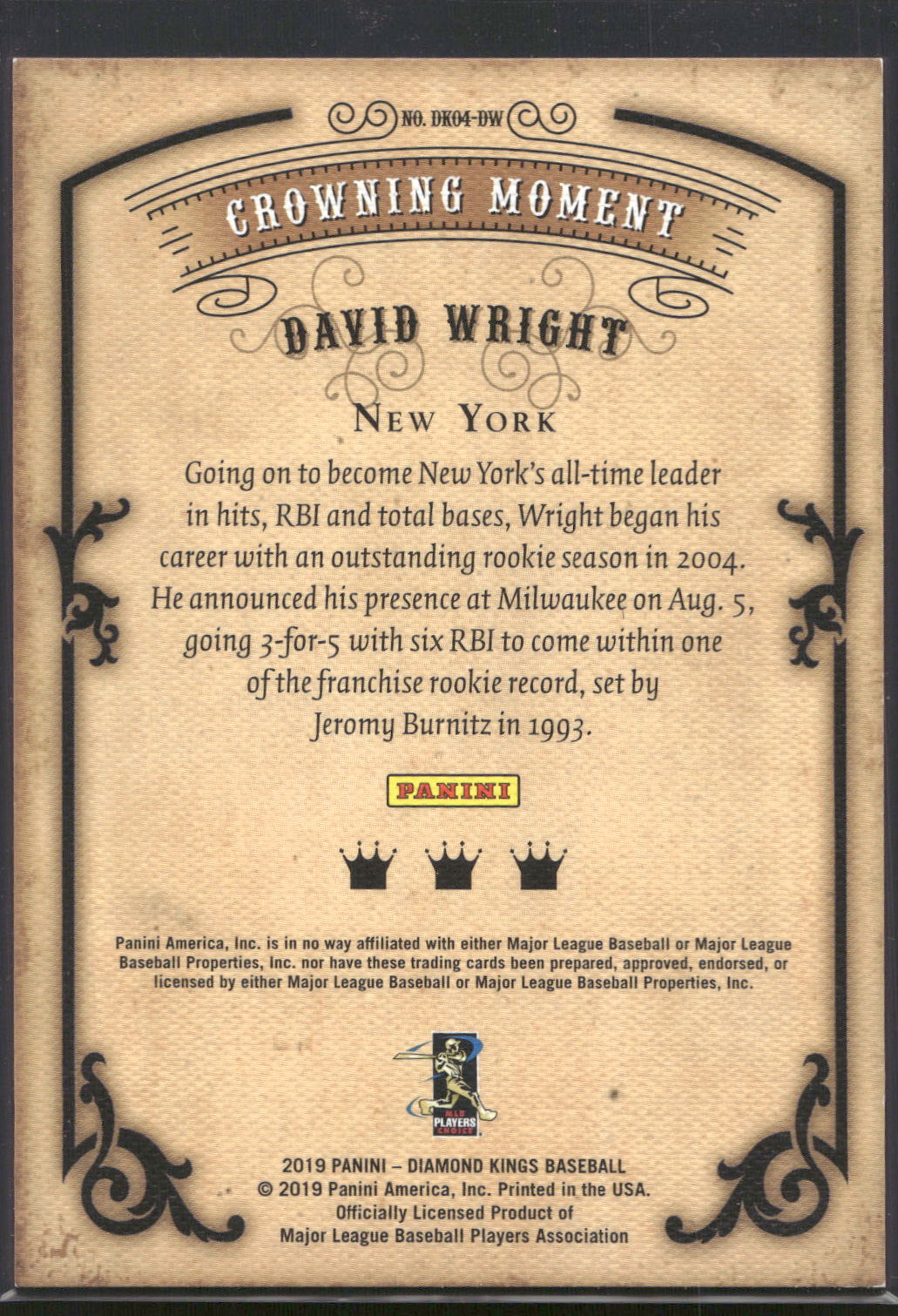 2019 Panini Diamond Kings #DK04-DW David Wright 2004 DK Retro Set Framed Red