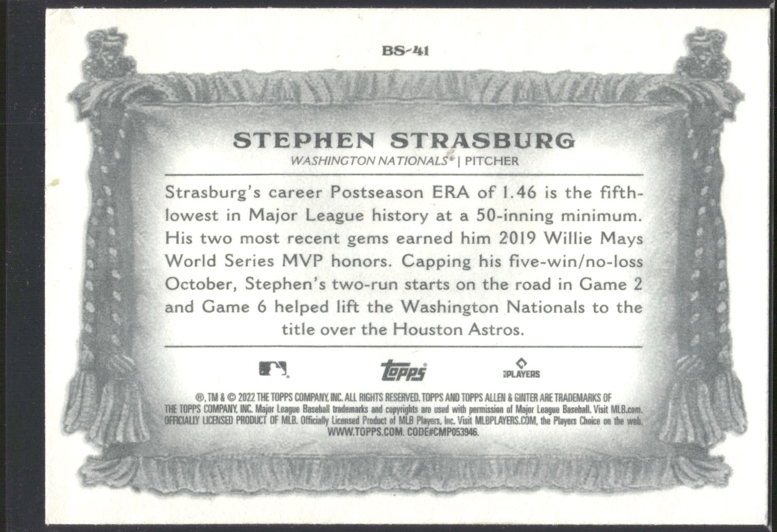 2022 Topps Allen & Ginter #BS-41 Stephen Strasburg Banner Seasons
