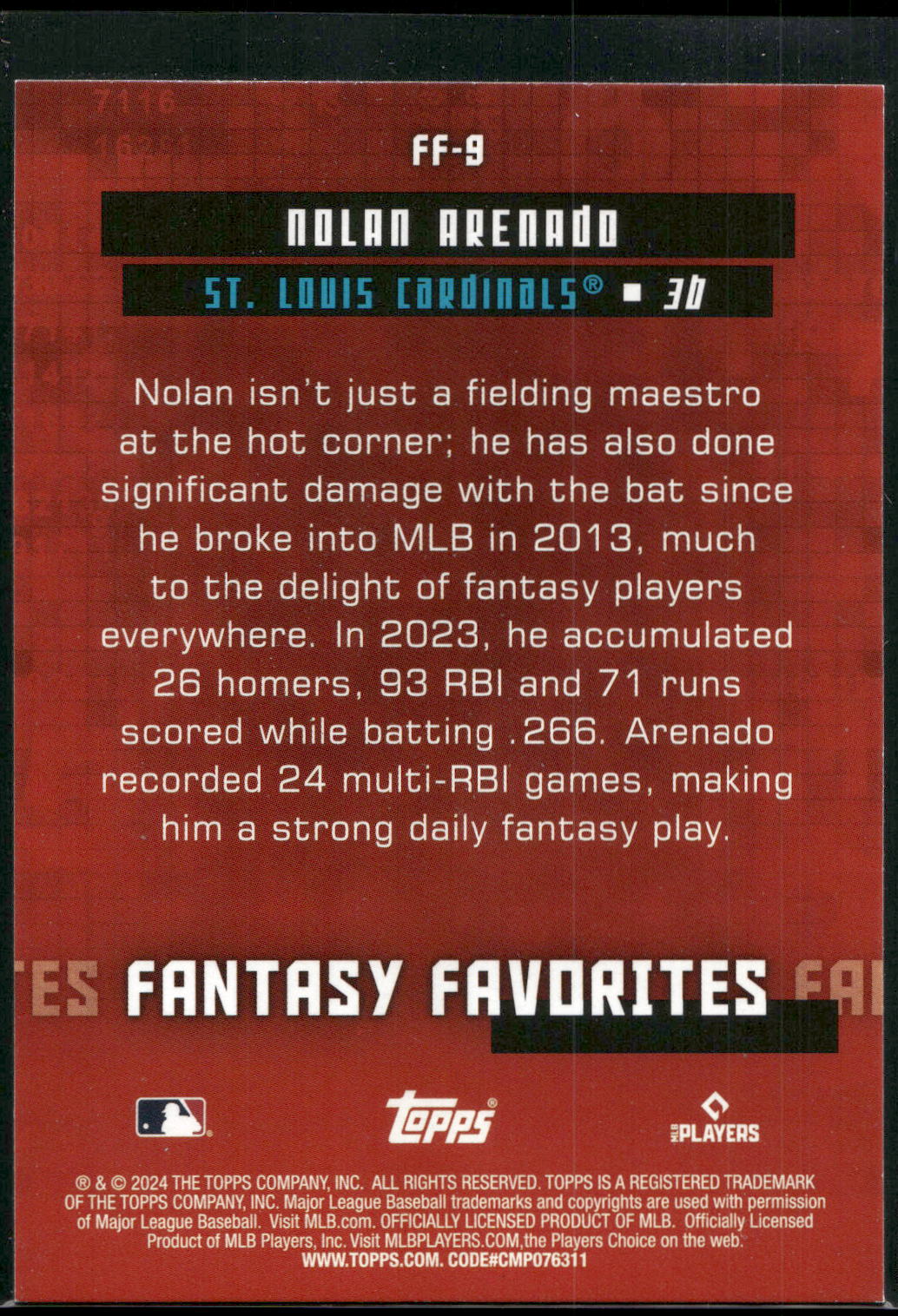2024 Topps #FF-9 Nolan Arenado Fantasy Favorites
