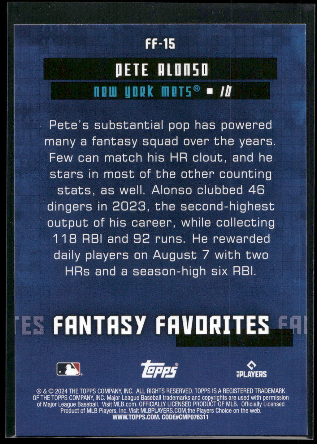 2024 Topps #FF-15 Pete Alonso Fantasy Favorites