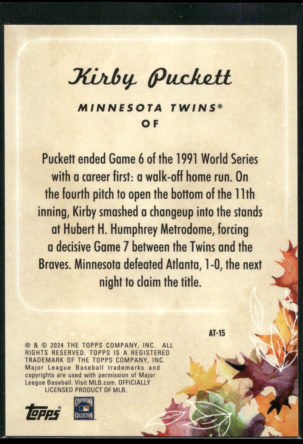 2024 Topps Update #AT-15 Kirby Puckett Autumn Tales