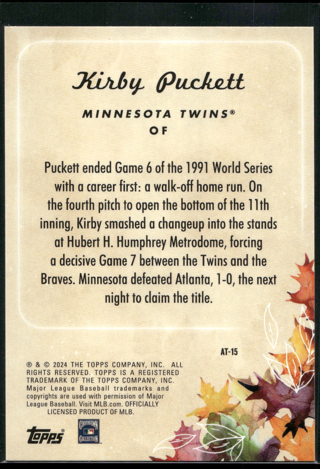 2024 Topps Update #AT-15 Kirby Puckett Autumn Tales