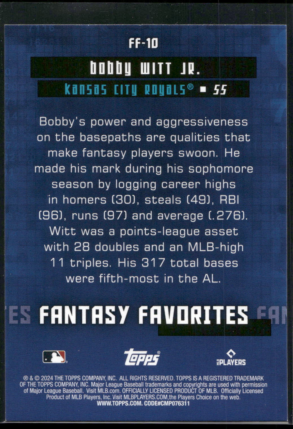 2024 Topps #FF-10 Bobby Witt Jr. Fantasy Favorites