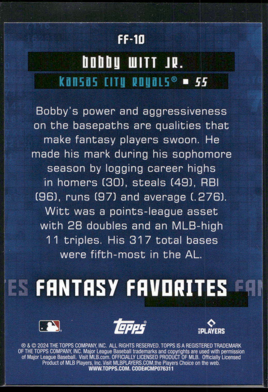 2024 Topps #FF-10 Bobby Witt Jr. Fantasy Favorites