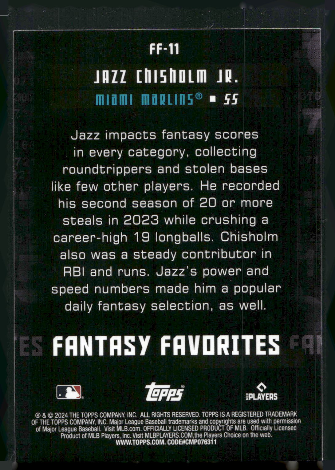 2024 Topps #FF-11 Jazz Chisholm Jr. Fantasy Favorites