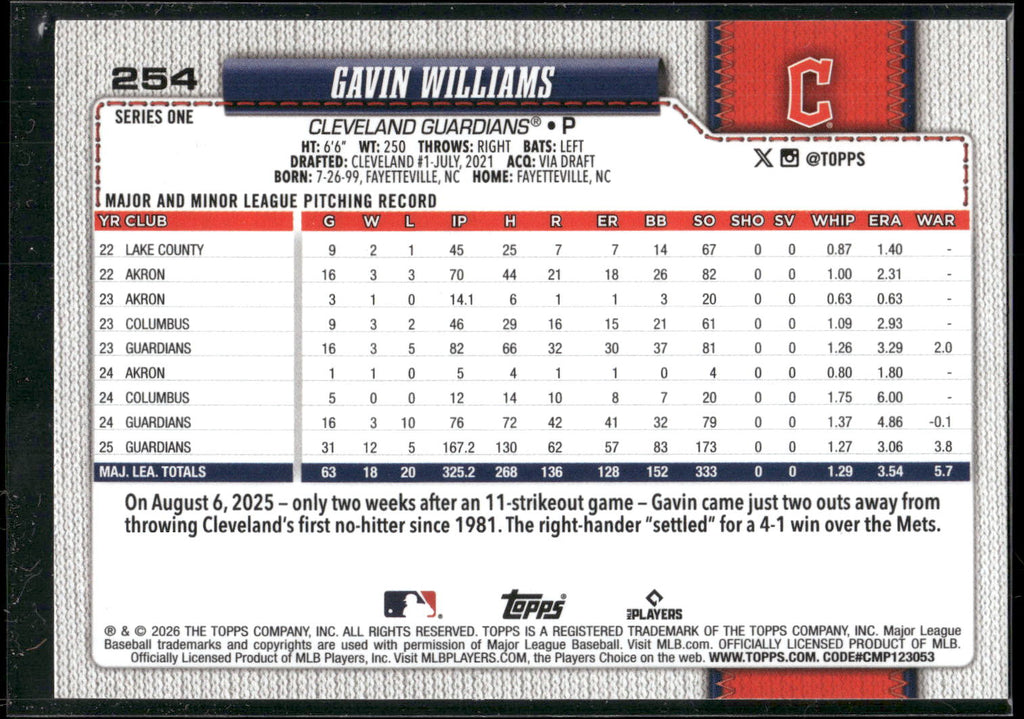 2026 Topps #254 Gavin Williams Pink Holo Foil