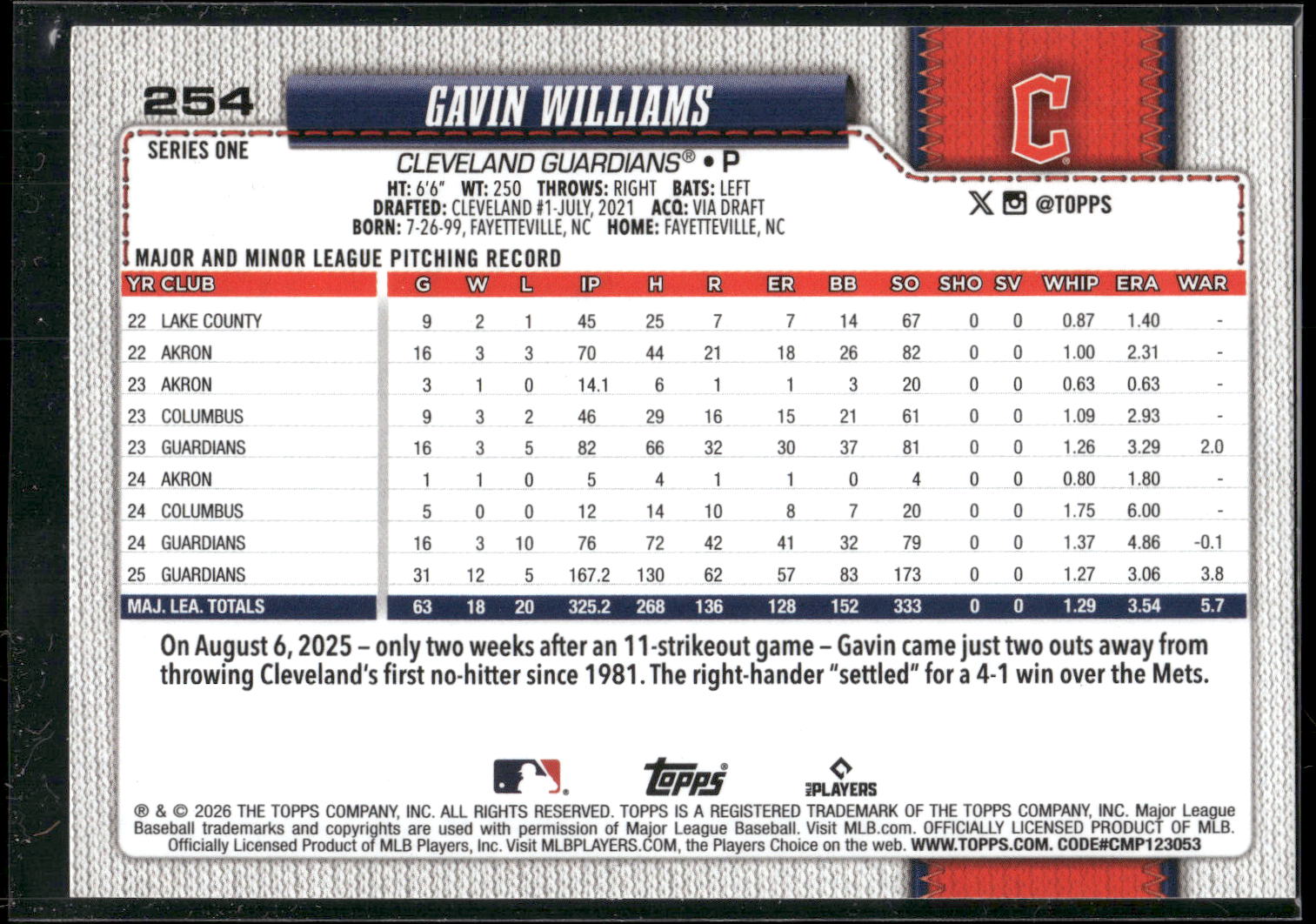 2026 Topps #254 Gavin Williams Pink Holo Foil