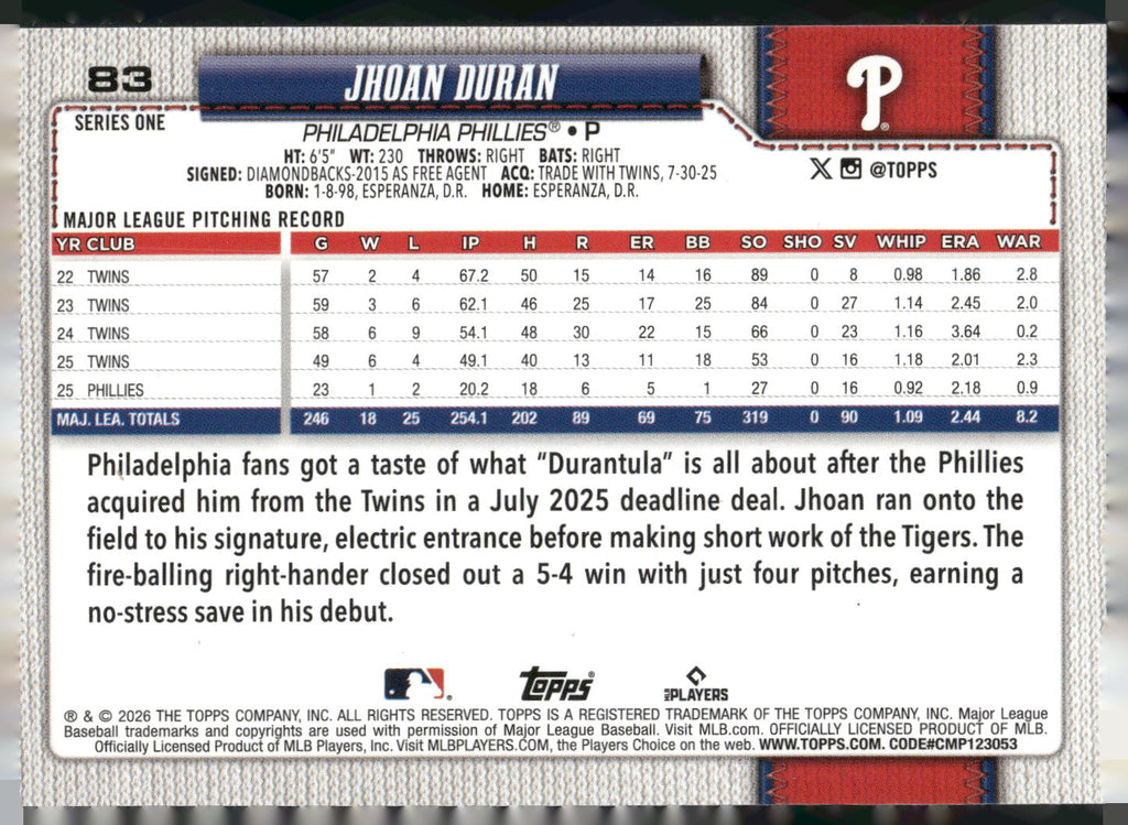 2026 Topps #83 Jhoan Duran Pink Holo Foil