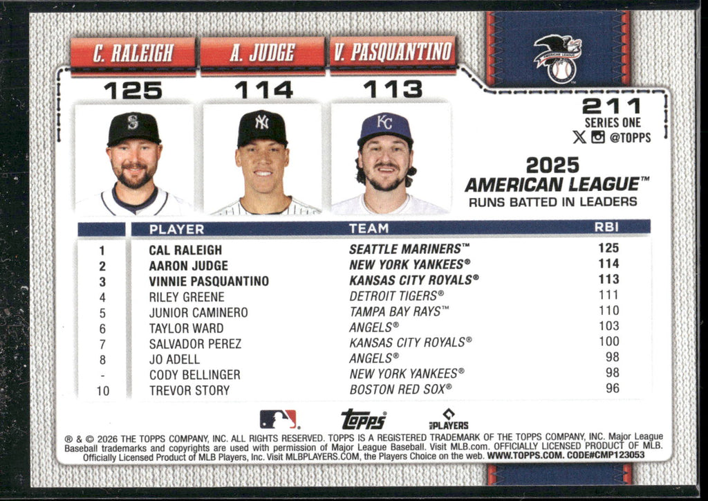 2026 Topps #211 Cal Raleigh Aaron Judge Vinnie Pasquantino Silver Crackle Foil