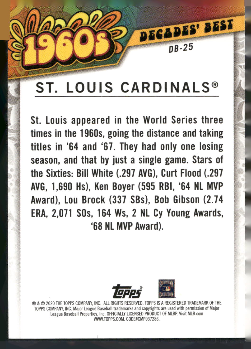 2020 Topps #DB-25 St. Louis Cardinals Decades' Best (Series One)