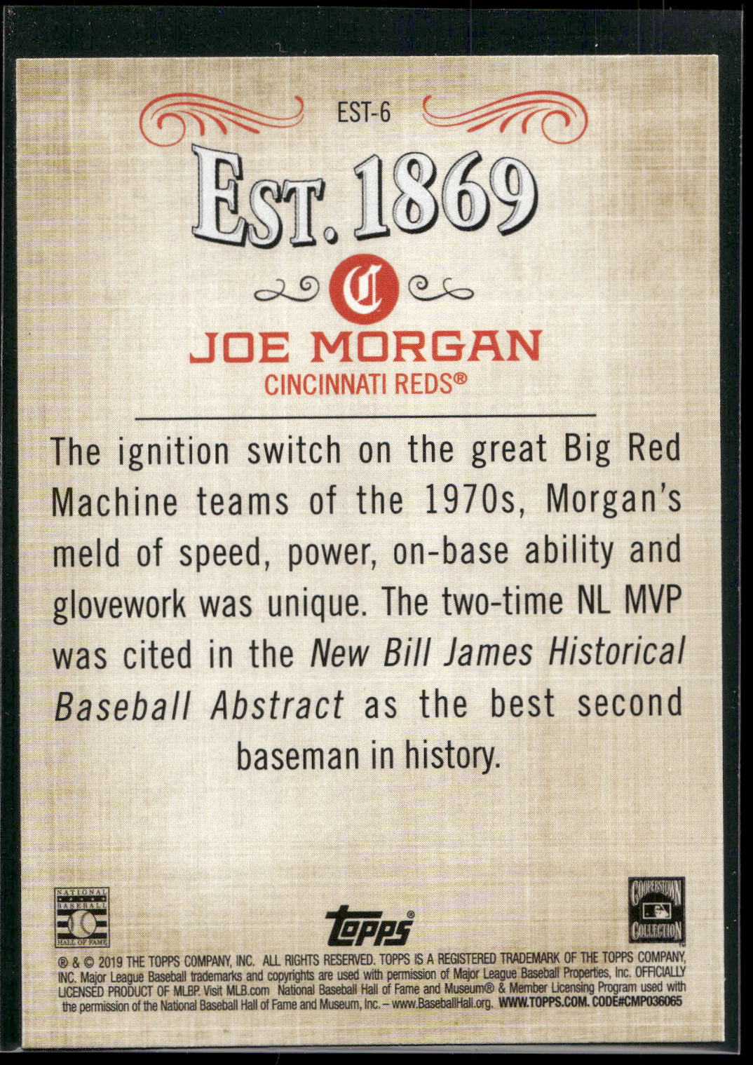 2019 Topps Update #EST-6 Joe Morgan Est. 1869
