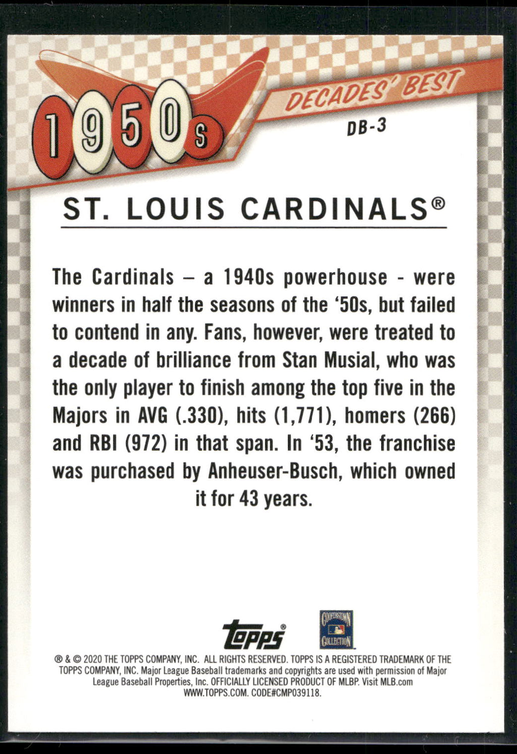 2020 Topps #DB-3 St. Louis Cardinals Decades' Best (Series Two)