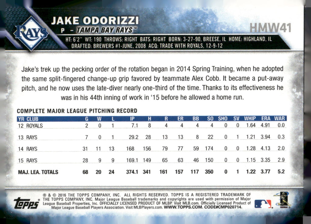 2016 Topps Holiday #HMW41 Jake Odorizzi