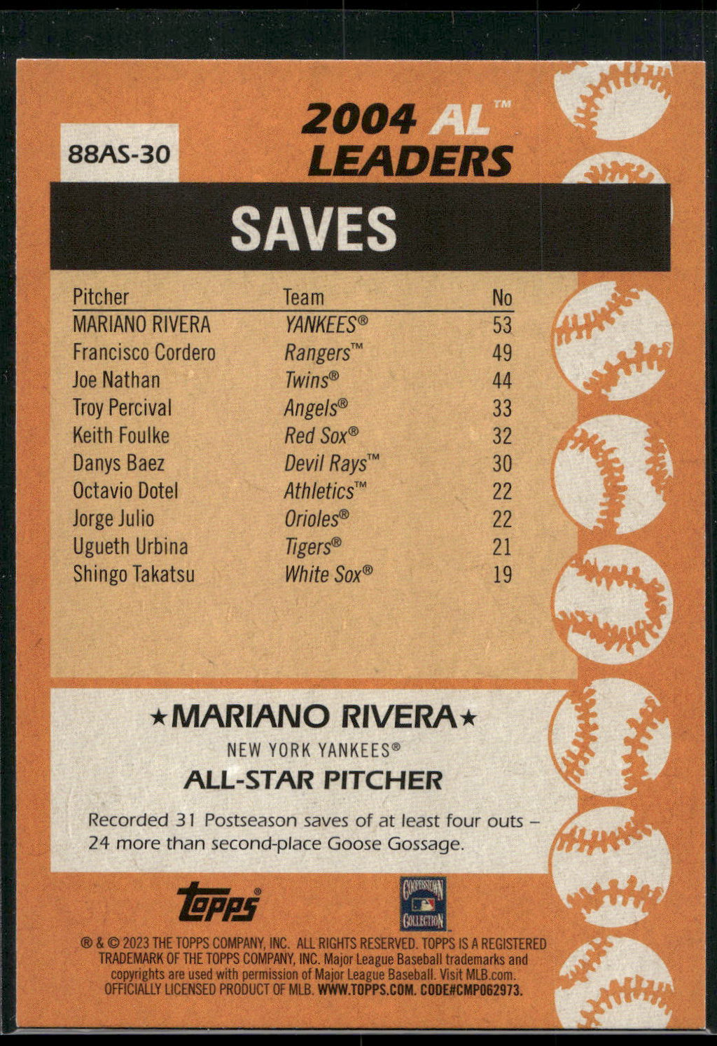 2023 Topps #88AS-30 Mariano Rivera 1988 Topps Baseball 35th