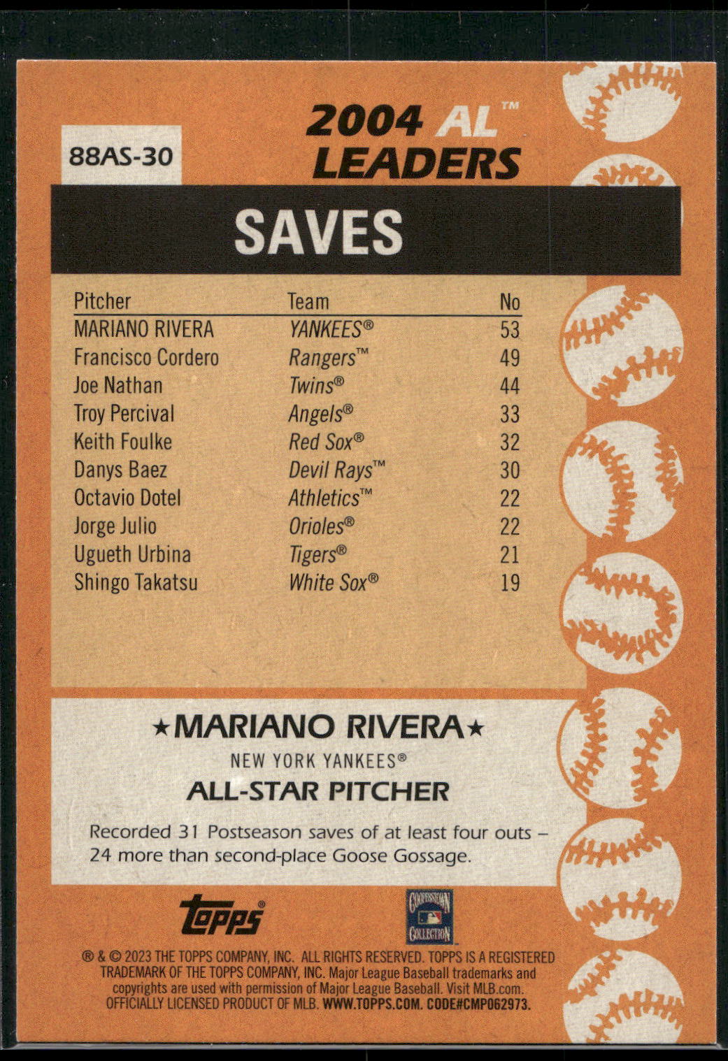 2023 Topps #88AS-30 Mariano Rivera 1988 Topps Baseball 35th