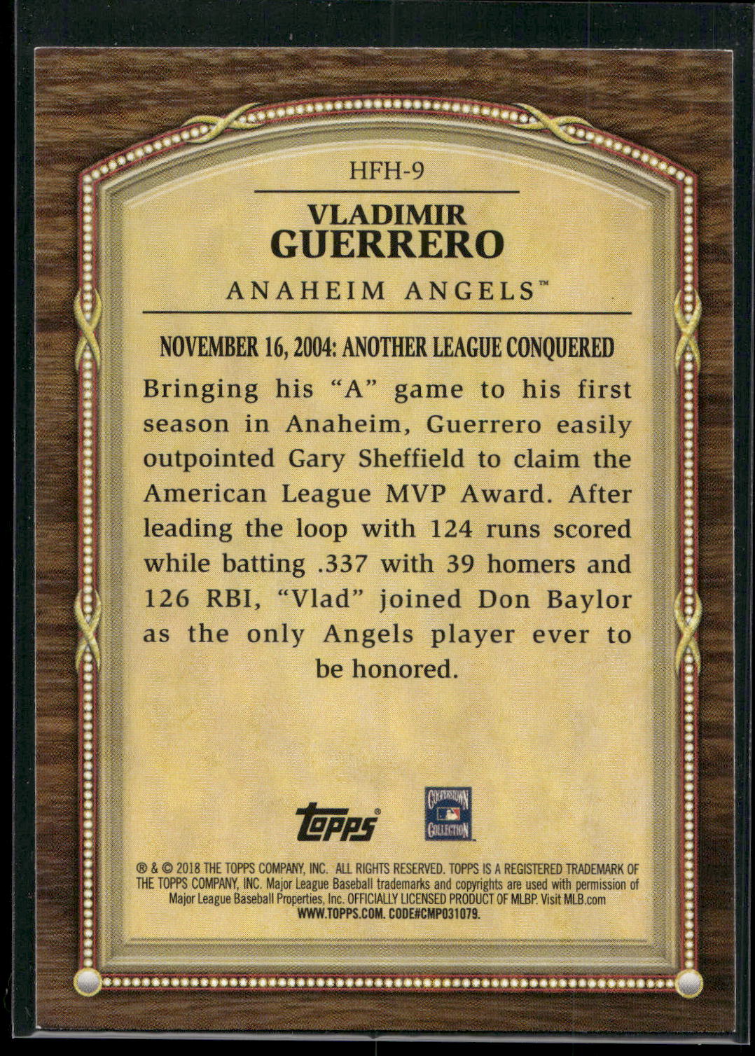2018 Topps Update #HFH-9 Vladimir Guerrero Hall of Famer Highlights