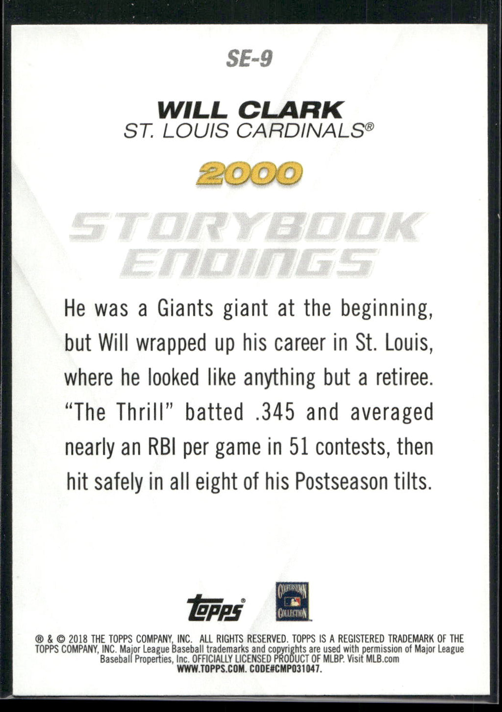 2018 Topps Update #SE-9 Will Clark Storybook Endings