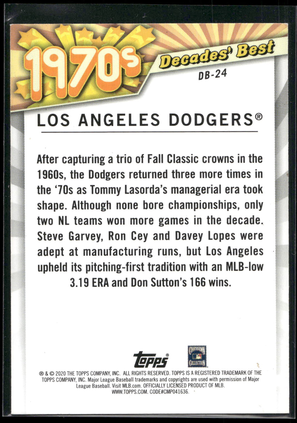 2020 Topps Update #DB-24 Los Angeles Dodgers Decades' Best