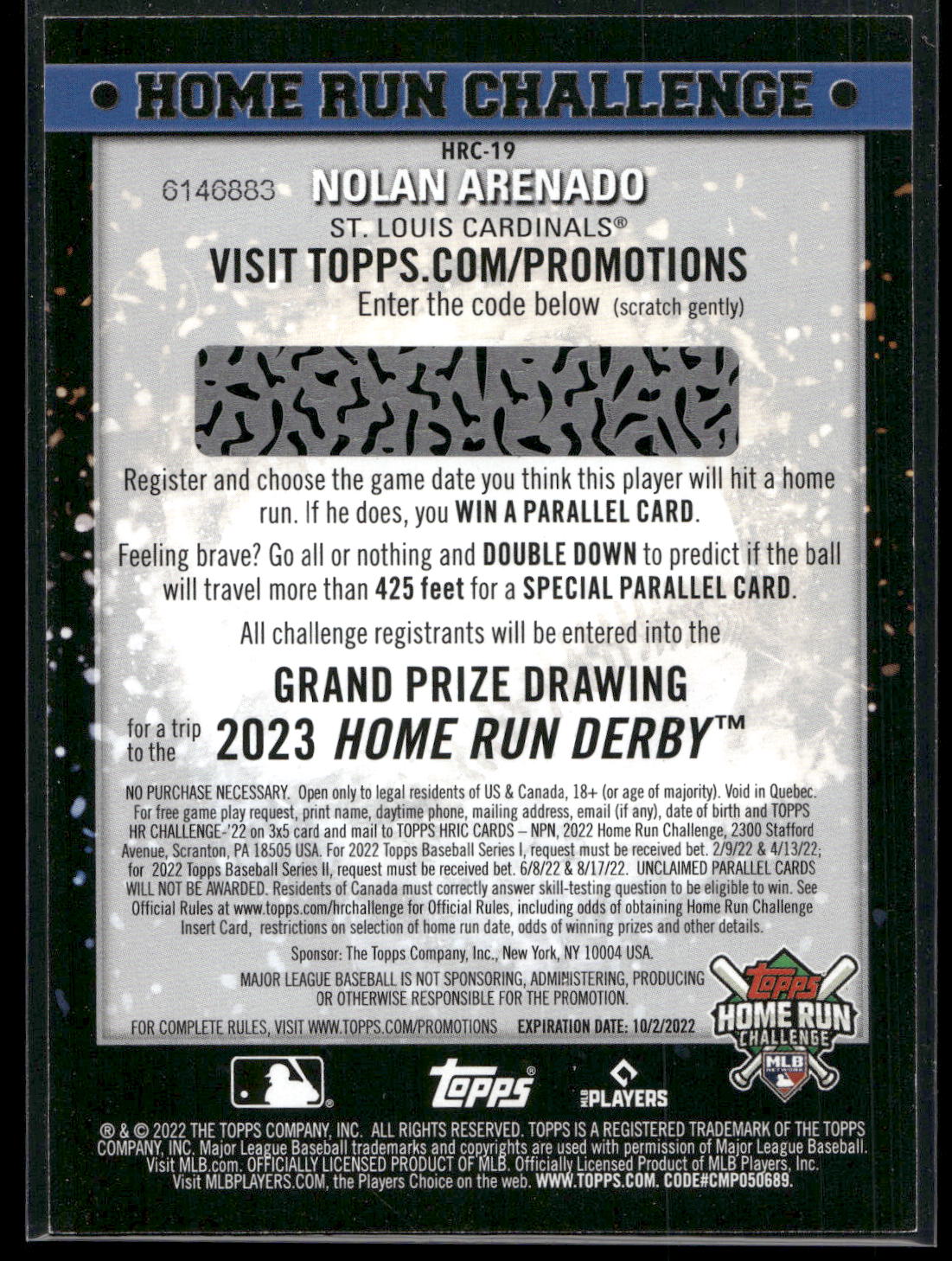 2022 Topps #HRC-19 Nolan Arenado Home Run Challenge Code Cards (Series One)