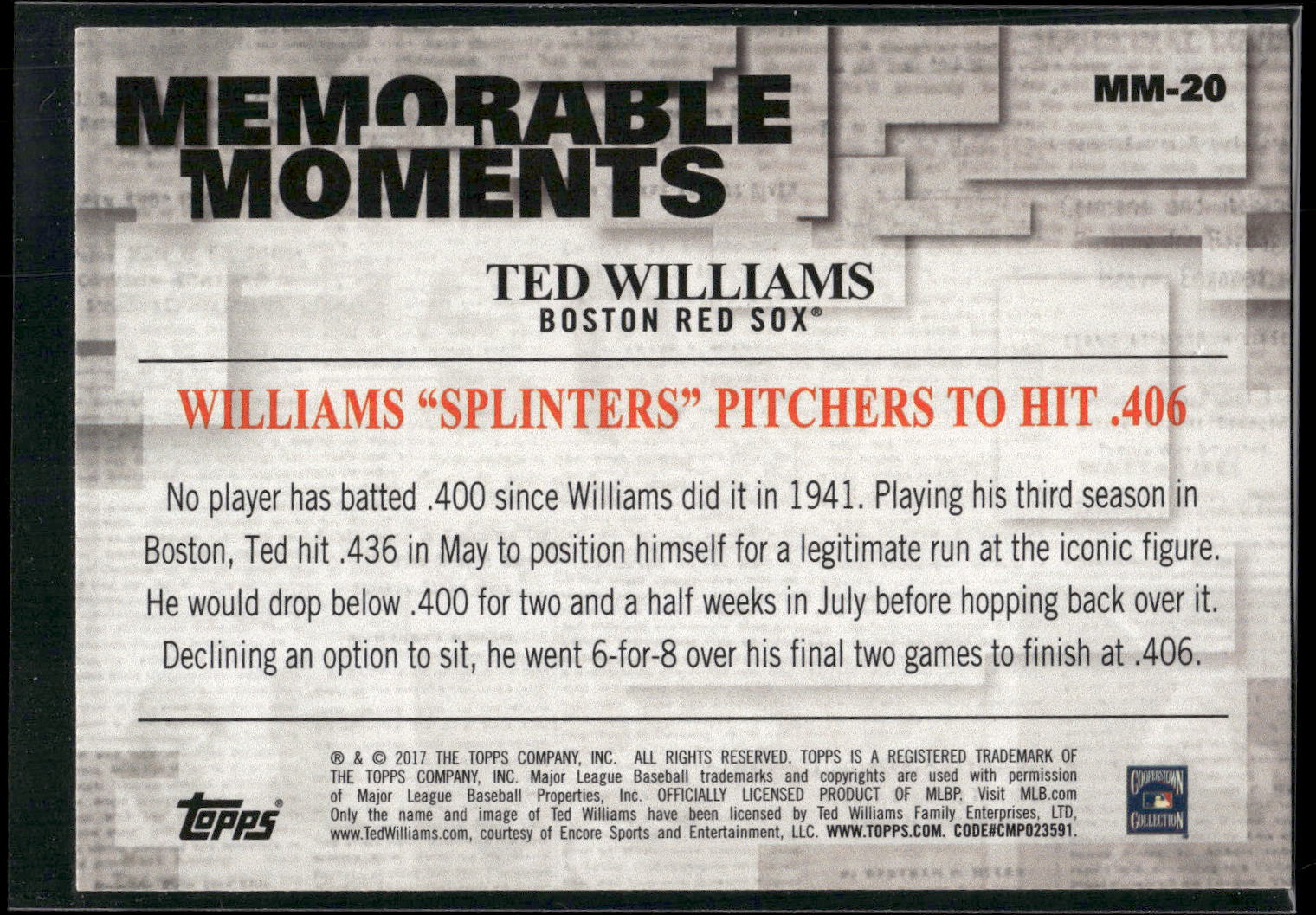 2017 Topps #MM-20 Ted Williams Memorable Moments