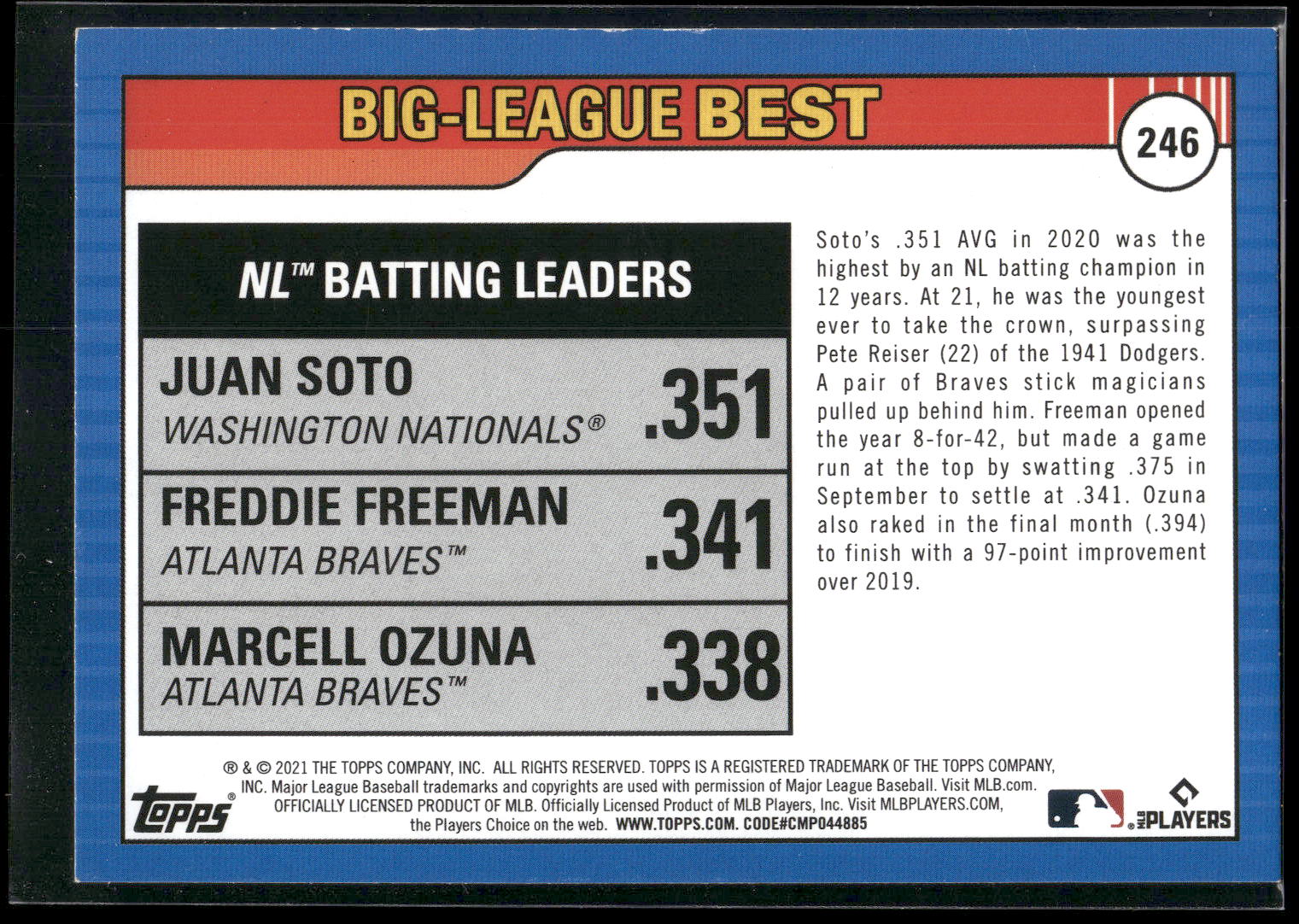 2021 Topps Big League #246 Juan Soto / Freddie Freeman / Marcell Ozuna