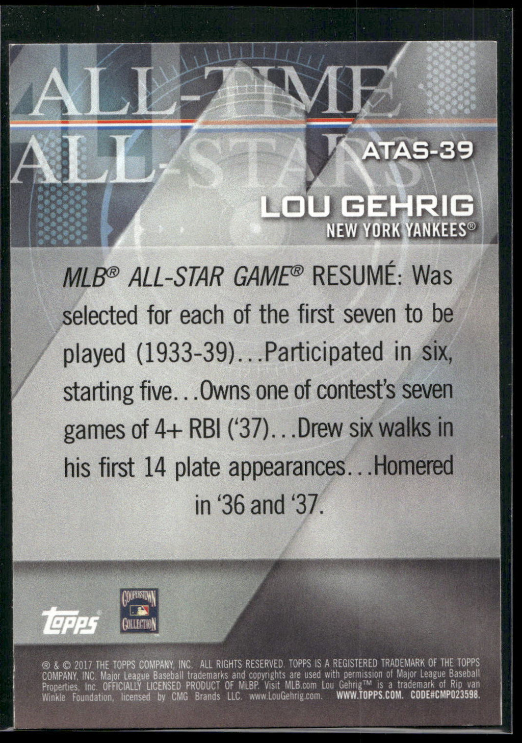 2017 Topps #ATAS-39 Lou Gehrig All-Time All-Stars