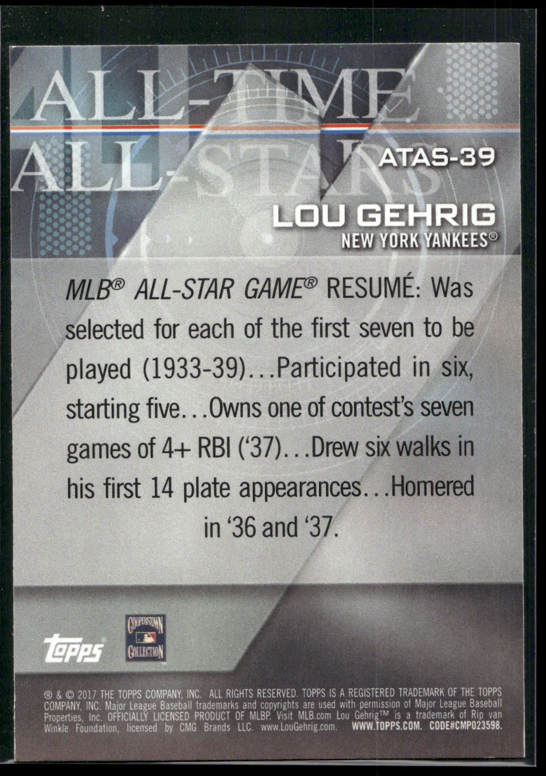 2017 Topps #ATAS-39 Lou Gehrig All-Time All-Stars