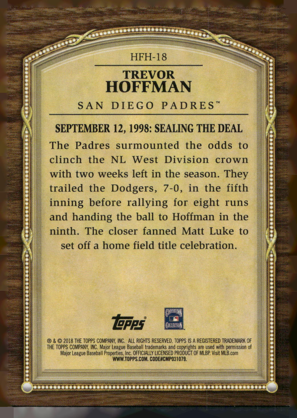 2018 Topps Update #HFH-18 Trevor Hoffman Hall of Famer Highlights Black