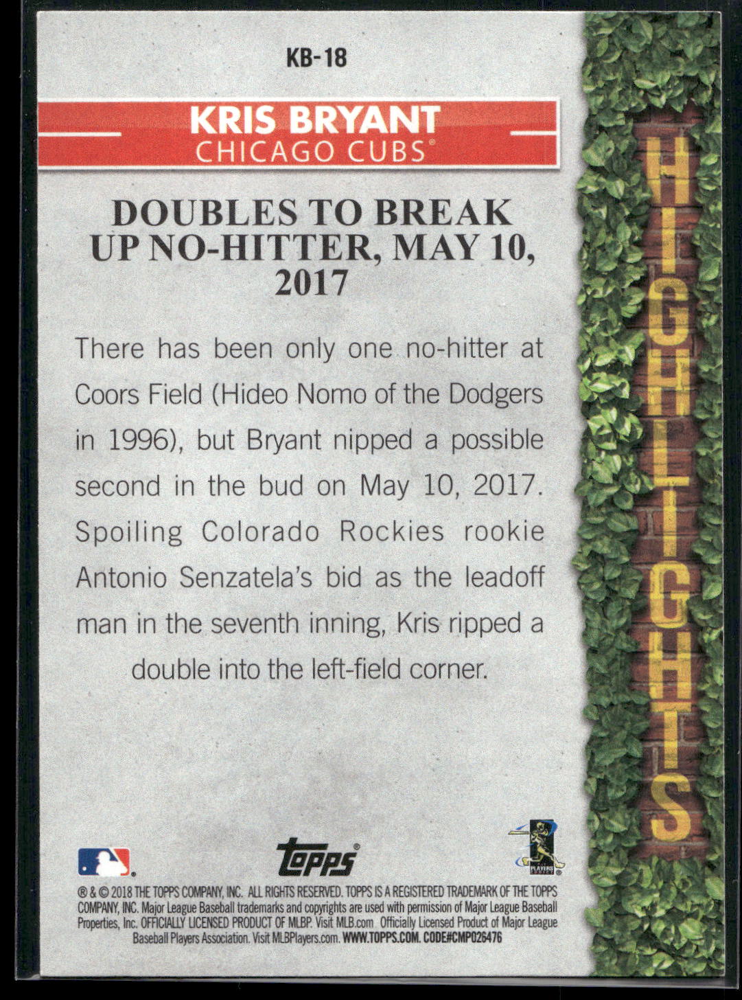 2018 Topps #KB-18 Kris Bryant Kris Bryant Highlights