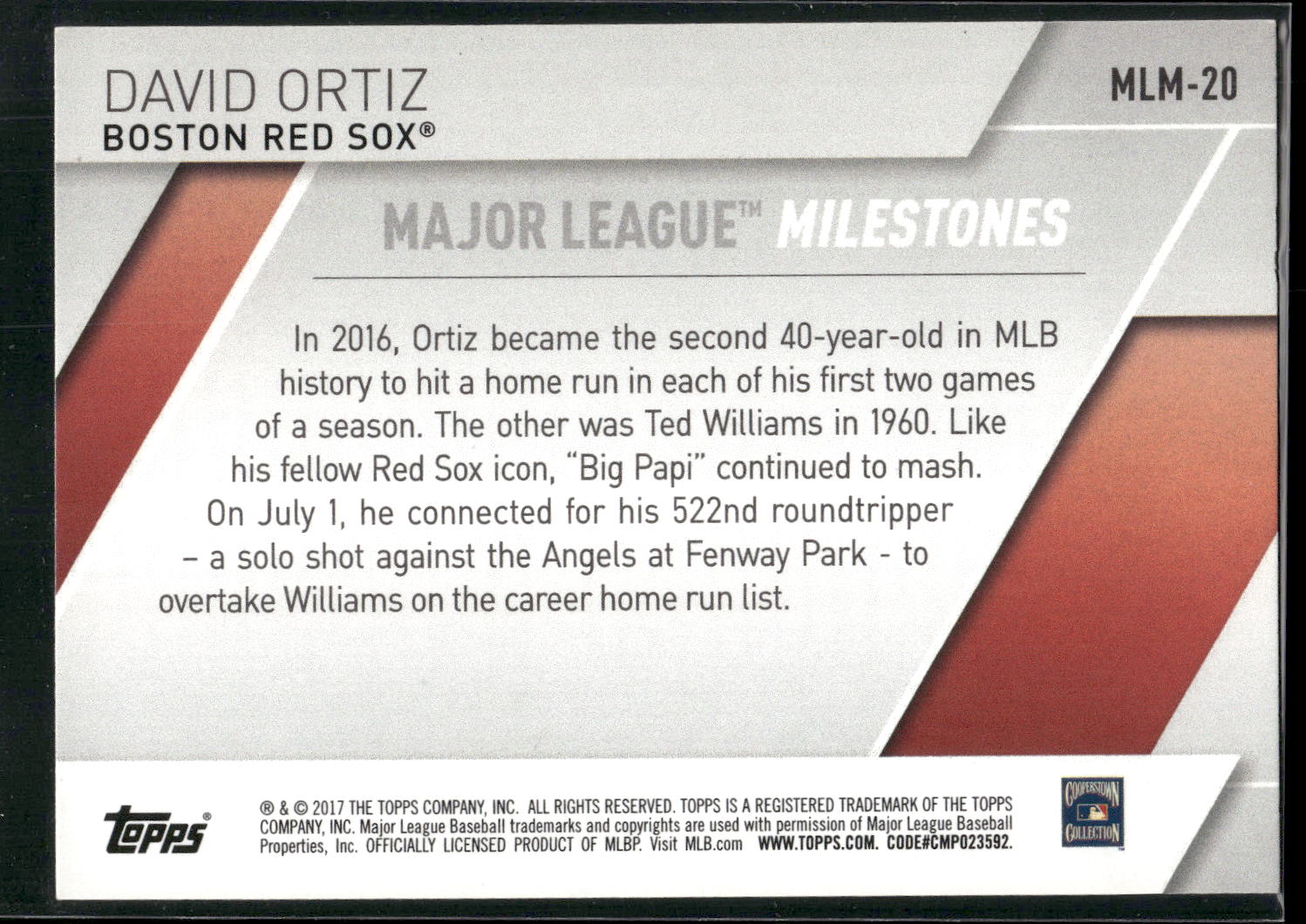 2017 Topps #MLM-20 David Ortiz Major League Milestones
