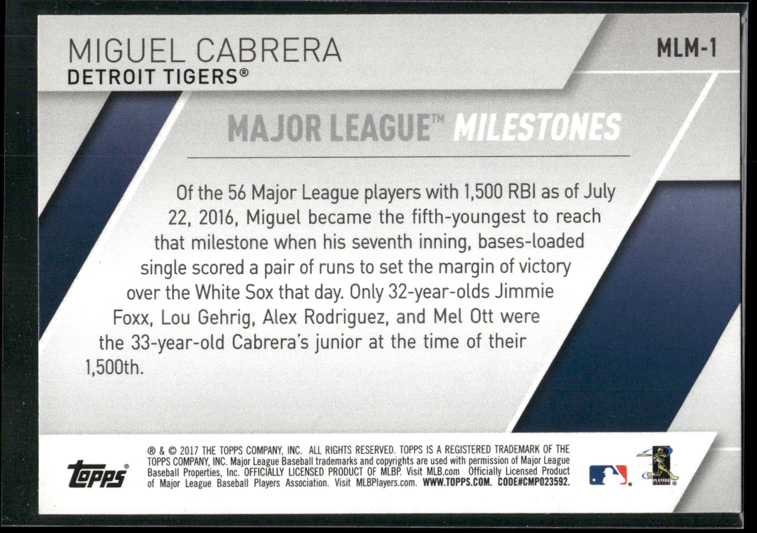 2017 Topps #MLM-1 Miguel Cabrera Major League Milestones