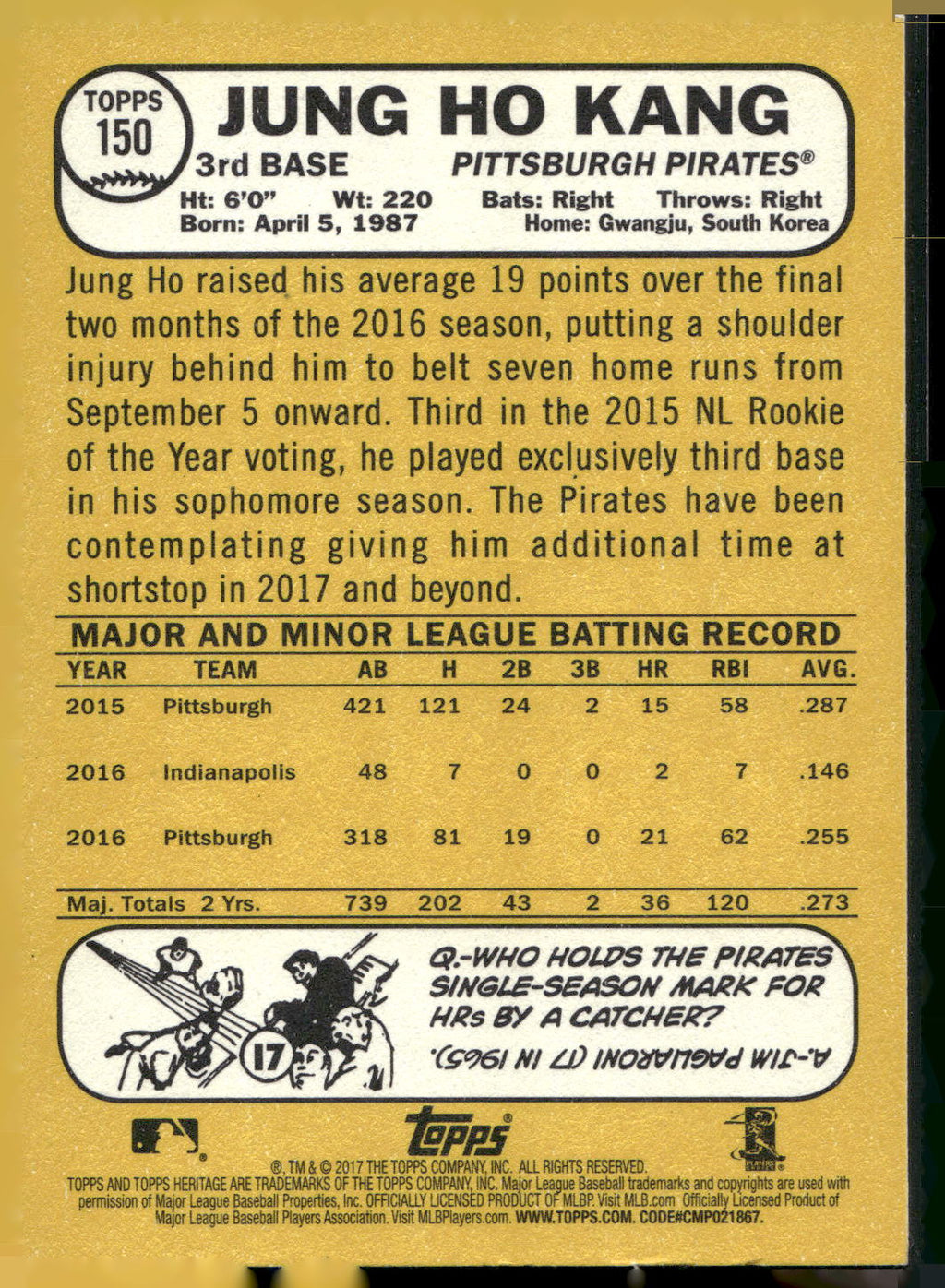 2017 Topps Heritage #150 Jung Ho Kang