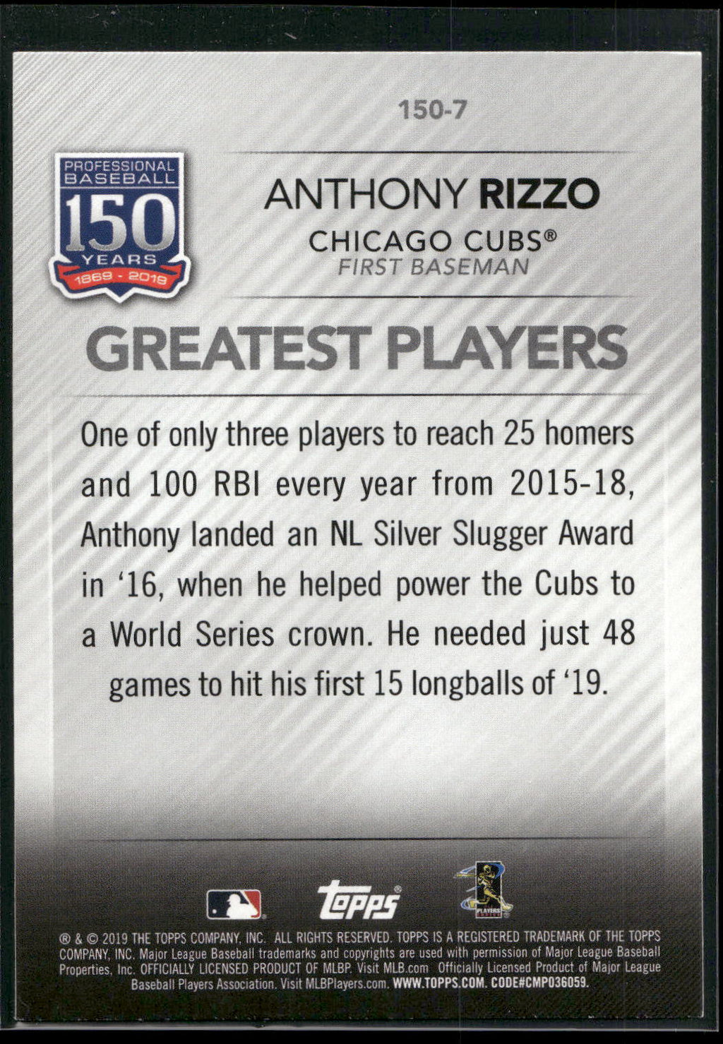 2019 Topps Update #150-7 Anthony Rizzo 150 Years of Professional Baseball