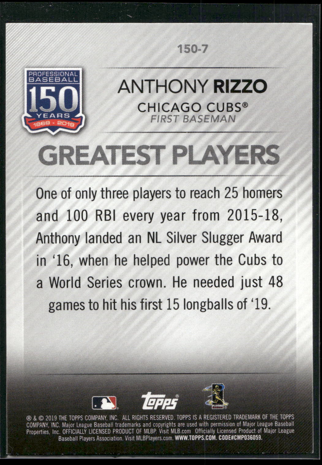 2019 Topps Update #150-7 Anthony Rizzo 150 Years of Professional Baseball