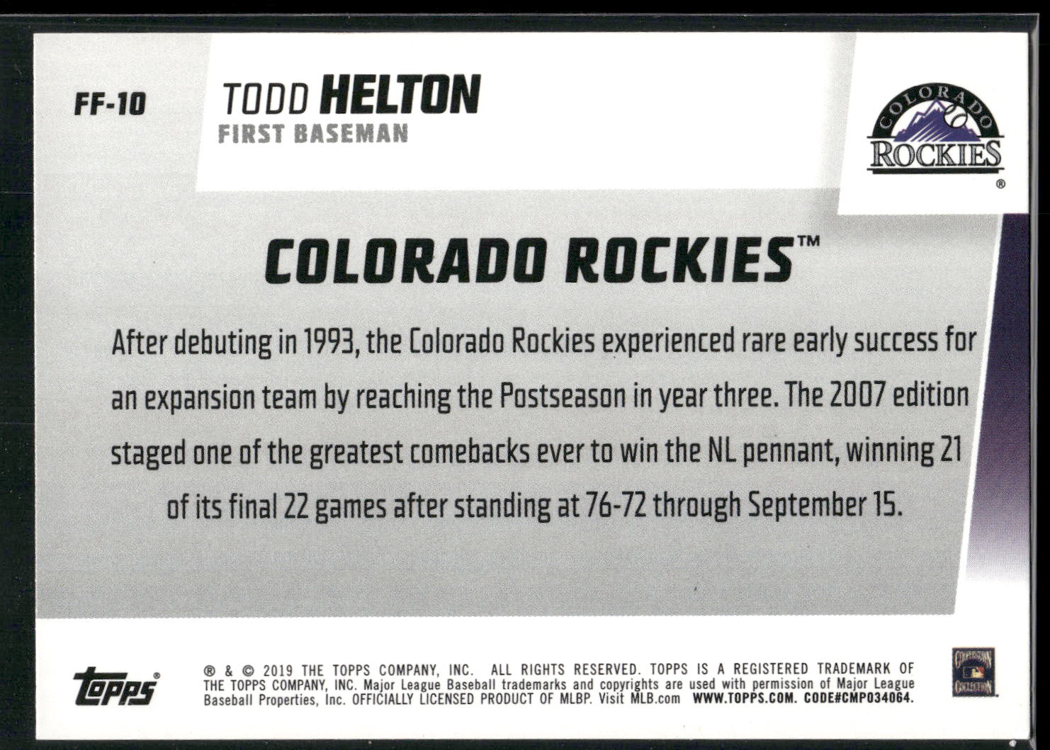 2019 Topps #FF-10 Todd Helton Franchise Feats