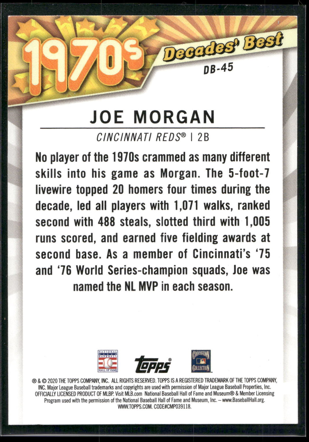 2020 Topps #DB-45 Joe Morgan Decades' Best (Series Two)