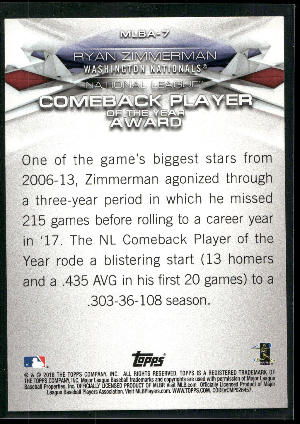 2018 Topps #MLBA-7 Ryan Zimmerman MLB Awards Blue
