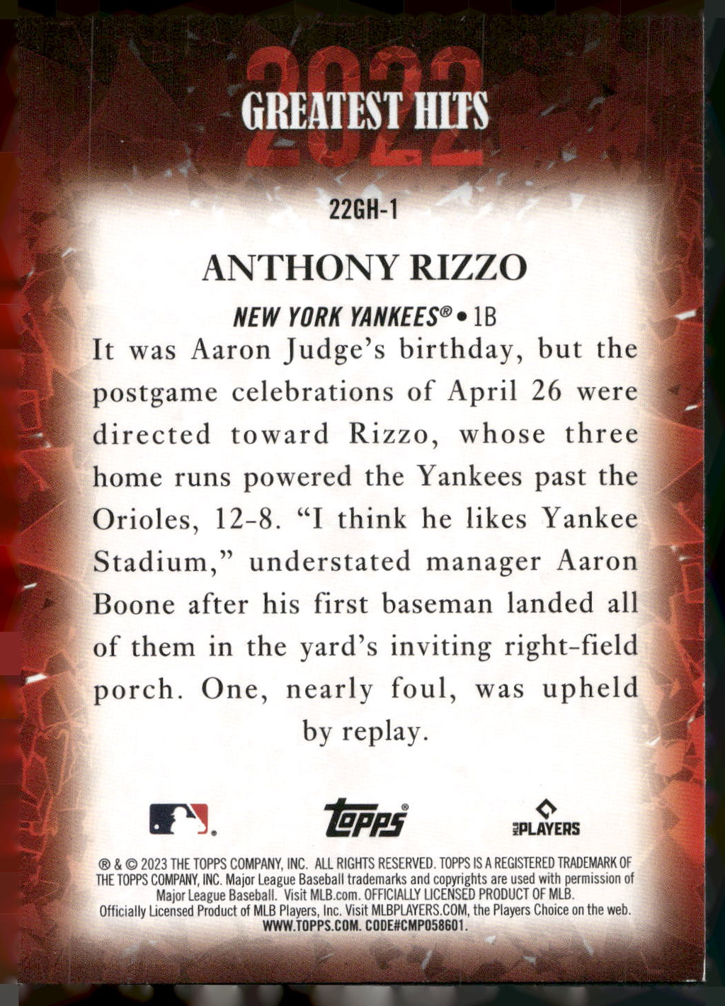 2023 Topps #22GH-1 Anthony Rizzo 2022 Greatest Hits
