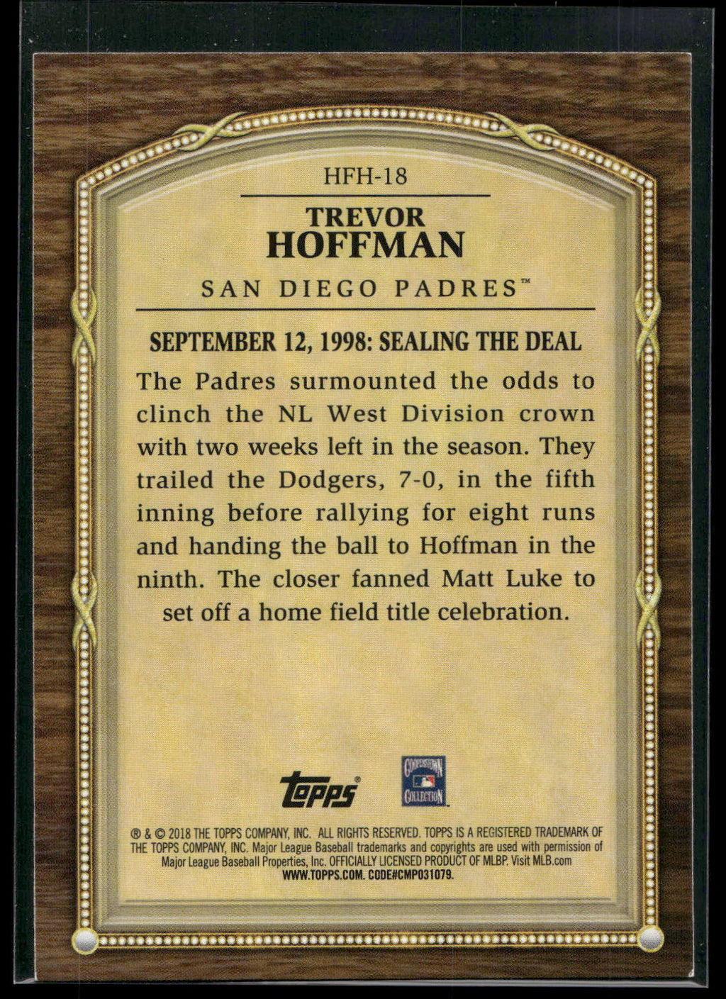 2018 Topps Update #HFH-18 Trevor Hoffman Hall of Famer Highlights