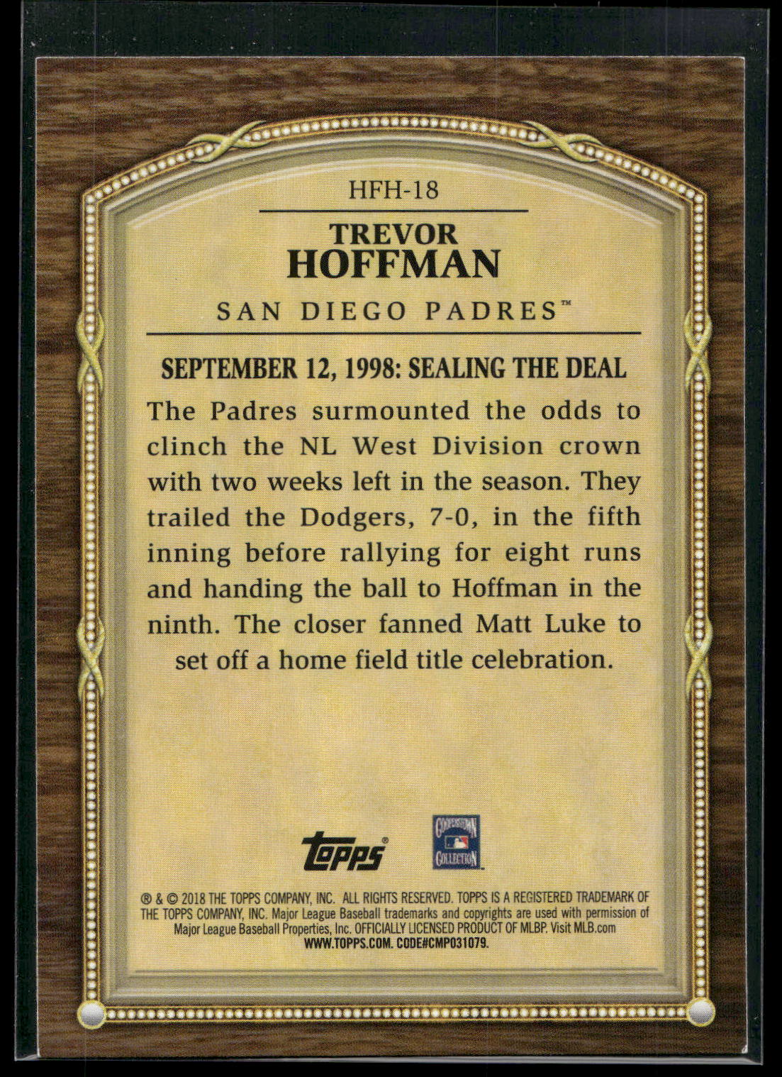 2018 Topps Update #HFH-18 Trevor Hoffman Hall of Famer Highlights