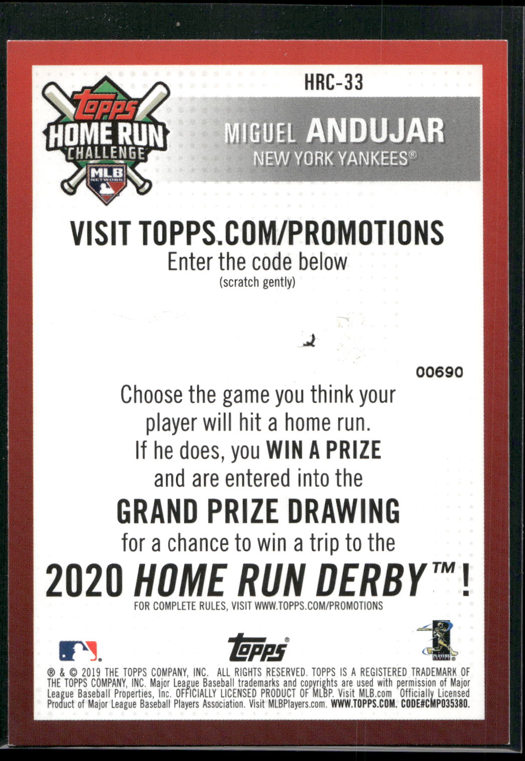 2019 Topps #HRC-33 Miguel Andujar Home Run Challenge Codes